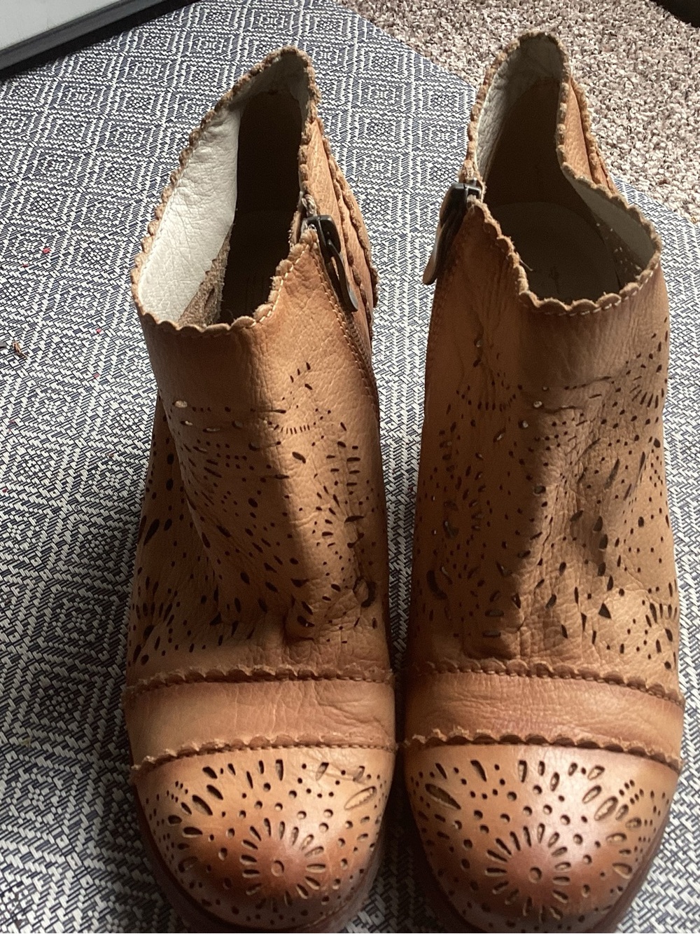 Tan Perforated Leather Ankle Booties - Unbranded
